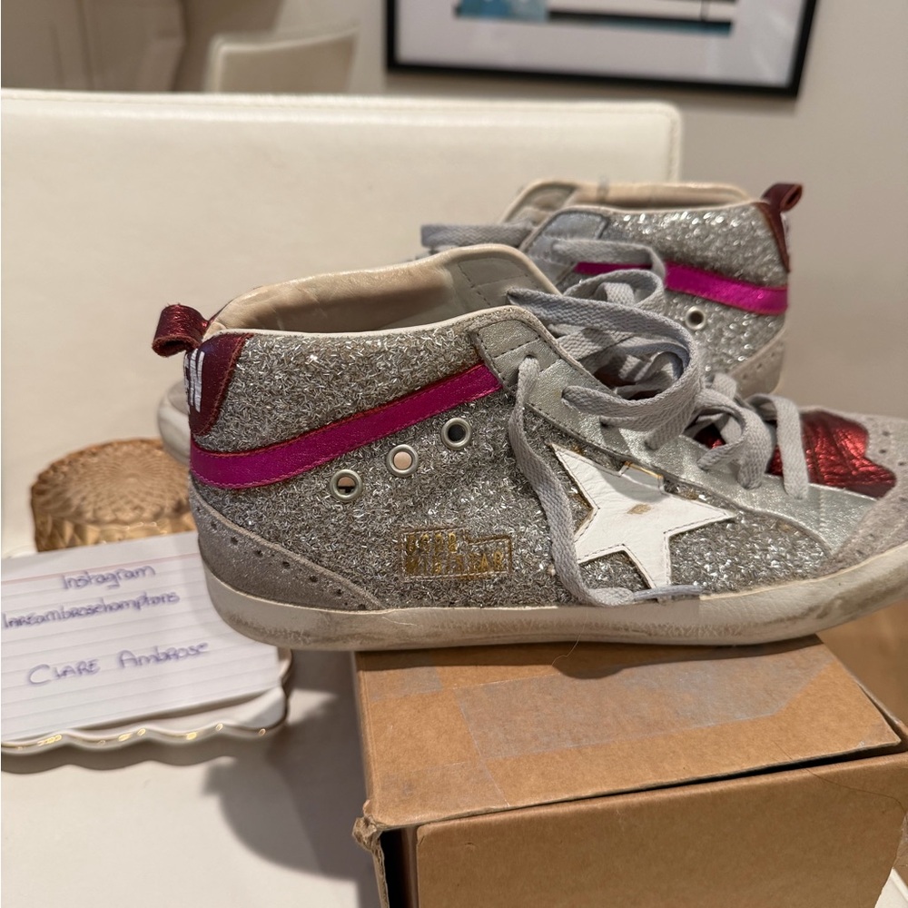 Golden Goose Silver Glitter Pink Mid Star Sneakers